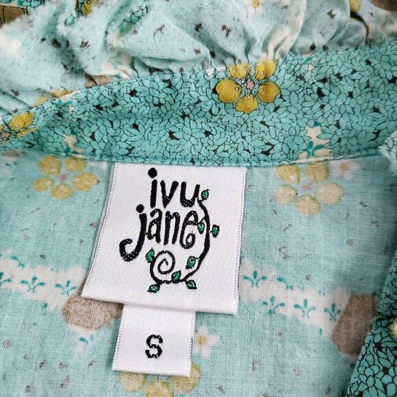 Ivy Jane Retro 60s Print Blouse Ruffle Blue Tree Hippie Whimsical Small - Picture 9 of 9